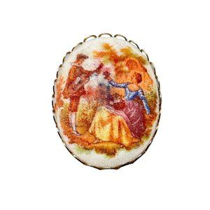 Vintage Romantic Scene Cameo Pin Brooch Costume Jewelry Sugared Style Oval Pin